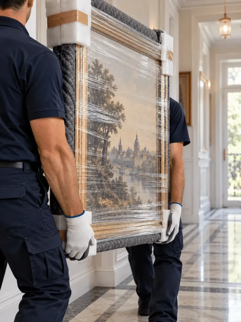 Transport de tableau : toile emballée portée à la verticale