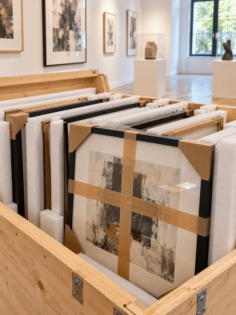 Transport de photographies sous verre dans une caisse avec séparateurs