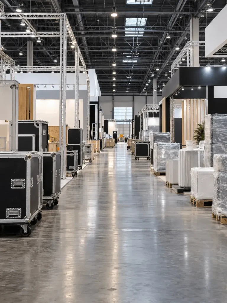 Transport événementiel à Bruxelles : caisses de transport dans un hall de salon avant l'ouverture