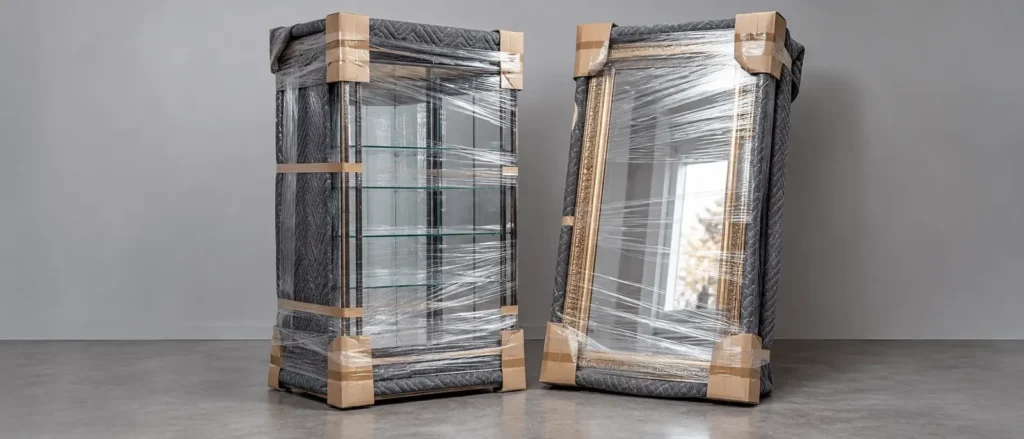 Transport d'objets fragiles et précieux : vitrine et miroir emballés