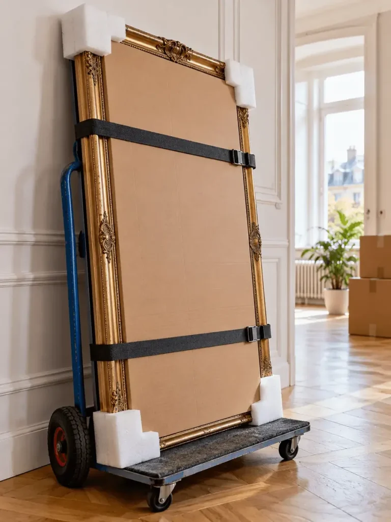 Transport de miroir : grand miroir protégé par des coins et un carton rigide