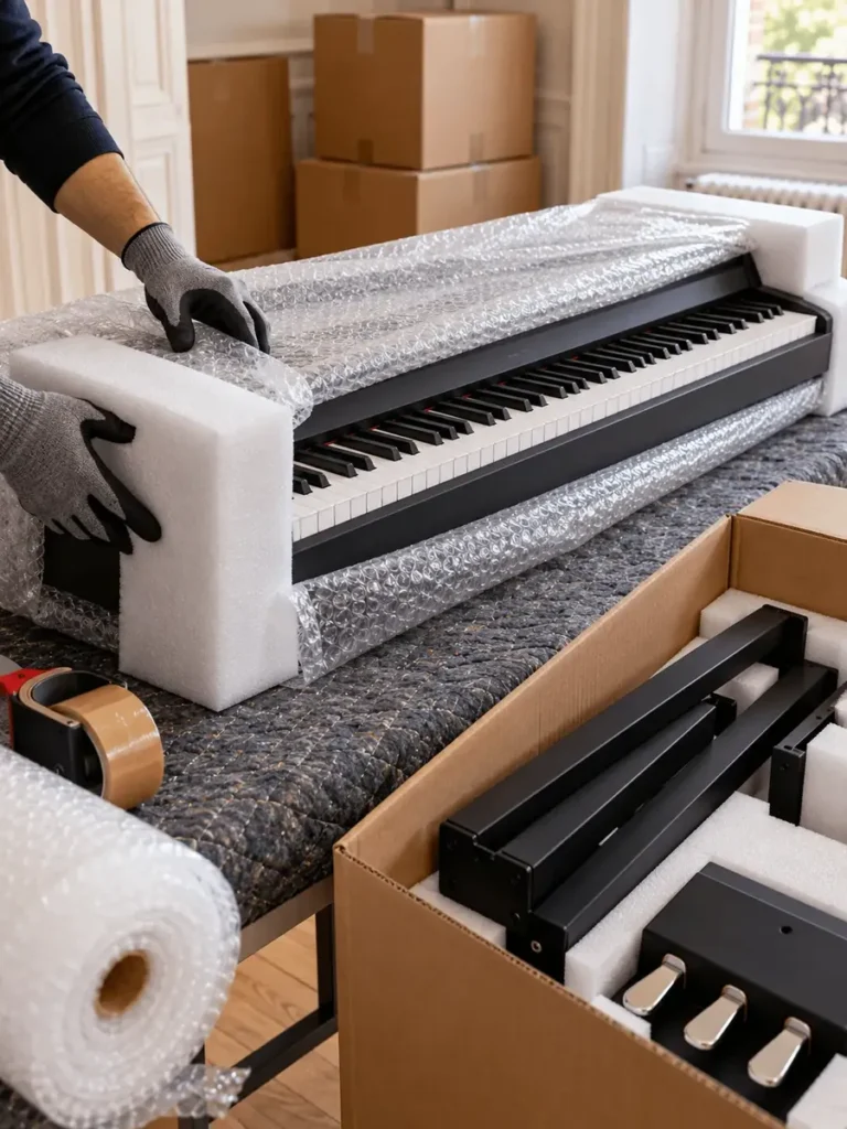Emballage d'un piano numérique avant le transport