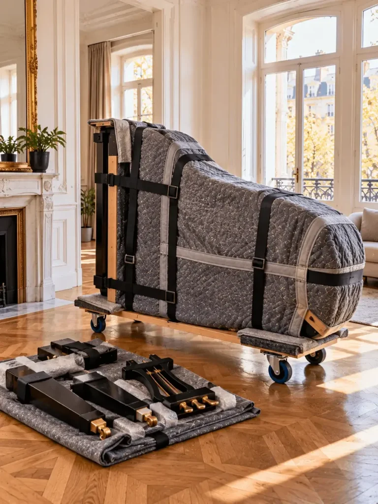 Déménagement de piano à queue : caisse protégée sur planche à piano